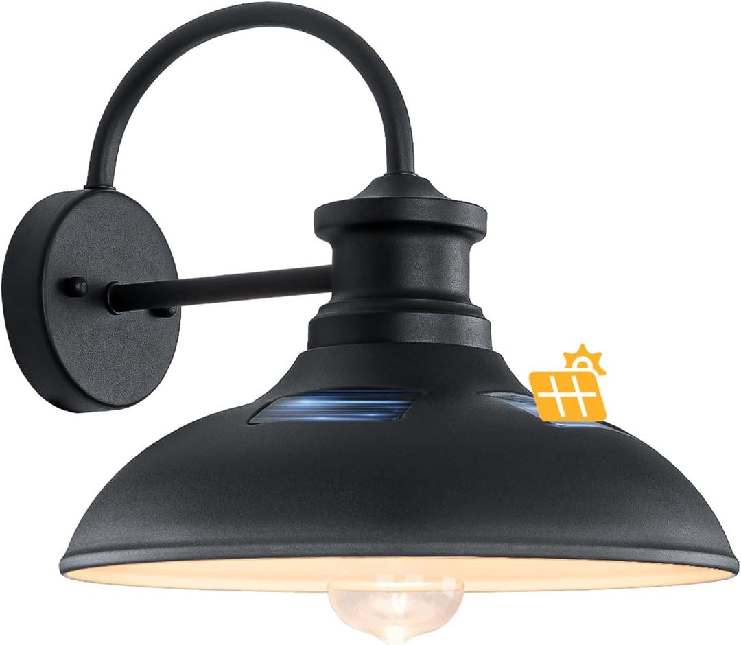 1 Pack Solar Barn Lights for Outside, Dusk to Dawn Farmhouse Gooseneck Barn Light, 12" Large Black Porch Light Fixture Wall Mount, Waterproof Outside Wall Lights Solar Powered for Porch Garage Patio