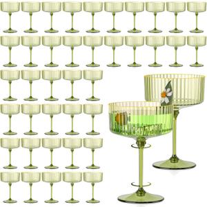 50 PCS Ribbed Martini Glasses Bulk 10oz Green Champagne Martini Glasses Plastic Gold Rim Espresso Martini Glass Vintage Coupe Glass Margarita Glasses Glassware Dessert Cup for Birthday Party Wedding, Small