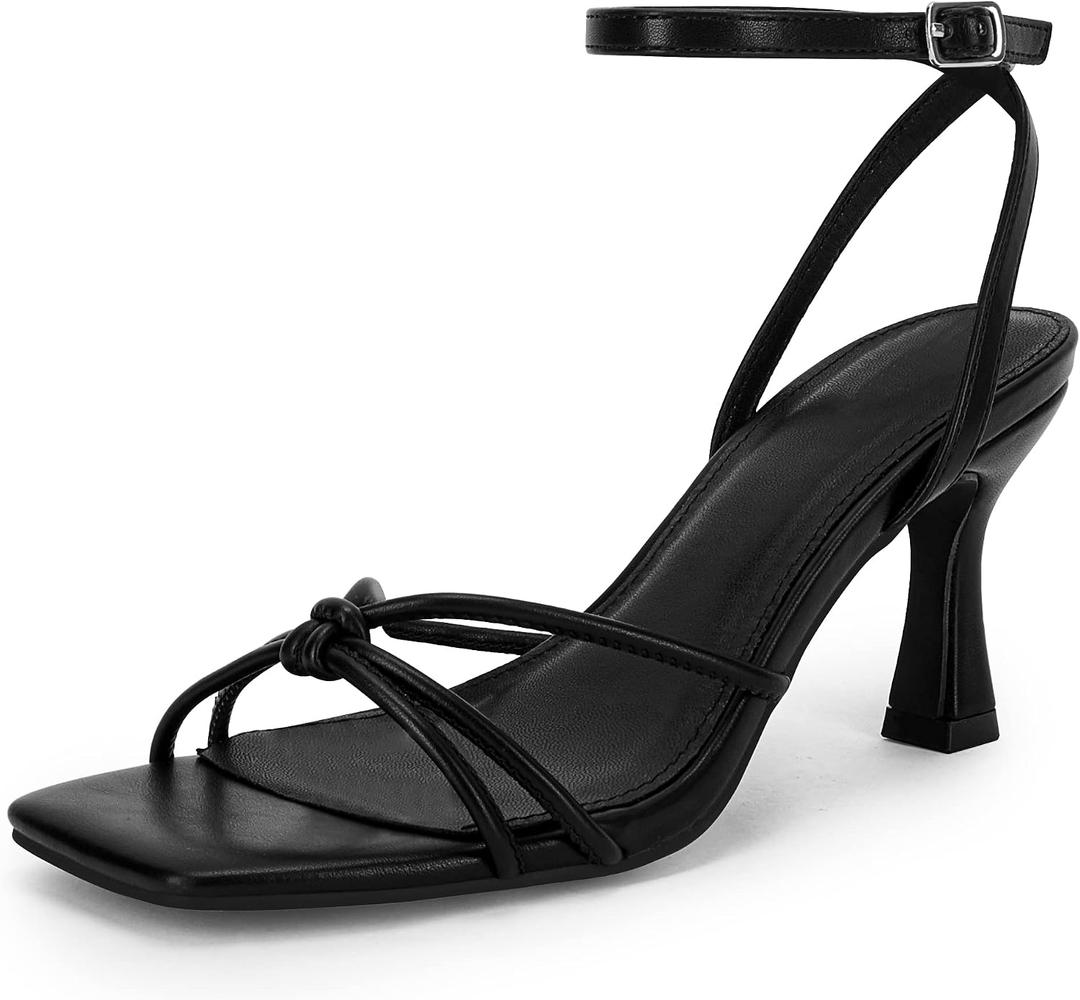 LAICIGO Women's Square Open Toe Heeled Sandals Stiletto Kitten Heel Ankle Buckle Strap Slingback Summer Dress Sandals (Black,8)