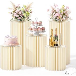 5 Pack Cylinder Stands for Party 15.7" 23.6" 31.5" Height Foldable Cardboard Tall Columns Cylinder Tables Round Cake Pedestal Stands Display Plinth Pillar for Wedding Birthday Party Decor (White)