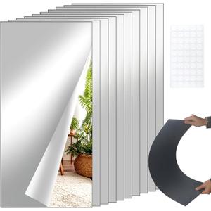10 Pcs 12" x 24" Acrylic Self Adhesive Mirror Tiles for Wall 2mm Thick Flexible Stick Mirror Sheets Mirror for Home Gym Bedroom Ceiling Workout
