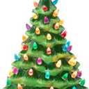Brightown 13 Inch Ceramic Christmas Tree, Pre-lit Tabletop Christmas Tree with Multicolored LED Lights, Battery Operated Vintage Lighted Ceramic Tree for Home Office Table Holiday Decorations, Green