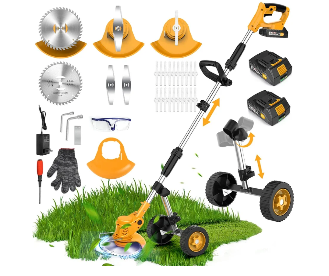 20000 RPM Electric Weed Wacker Cordless, 3-in-1 Weed Eater Cordless with Battery Powered, Lawn Mower/Grass Trimmer/Lawn Edger with 3 Types Blades, Battery Weed Wacker with Wheels (2 Battery, Yellow)