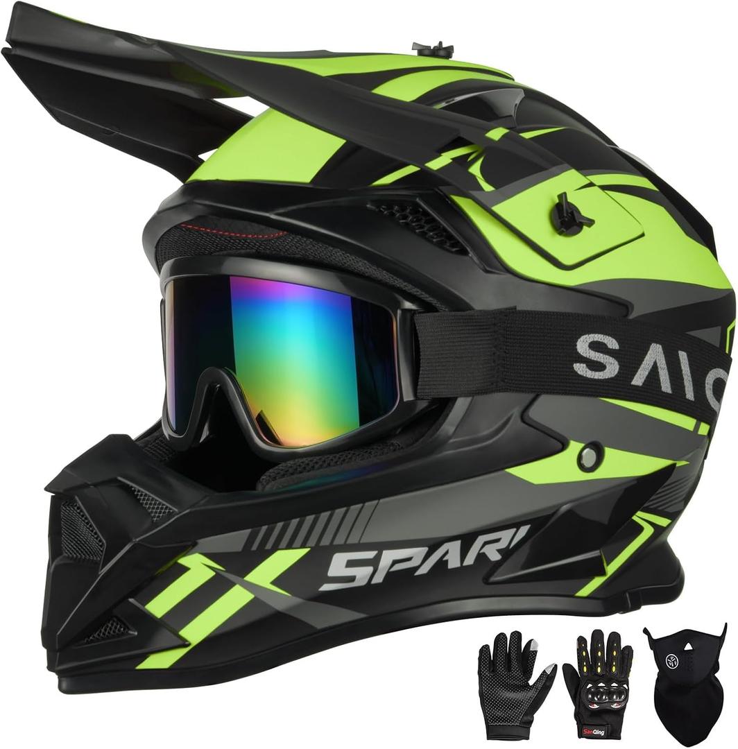 Adult Motocross Helmet ATV Dirt Bike Off-Road Full Face Motorcycle Helmet W/ Goggles Gloves & Mask, DOT Approved (Vibrant Yellow, Medium)