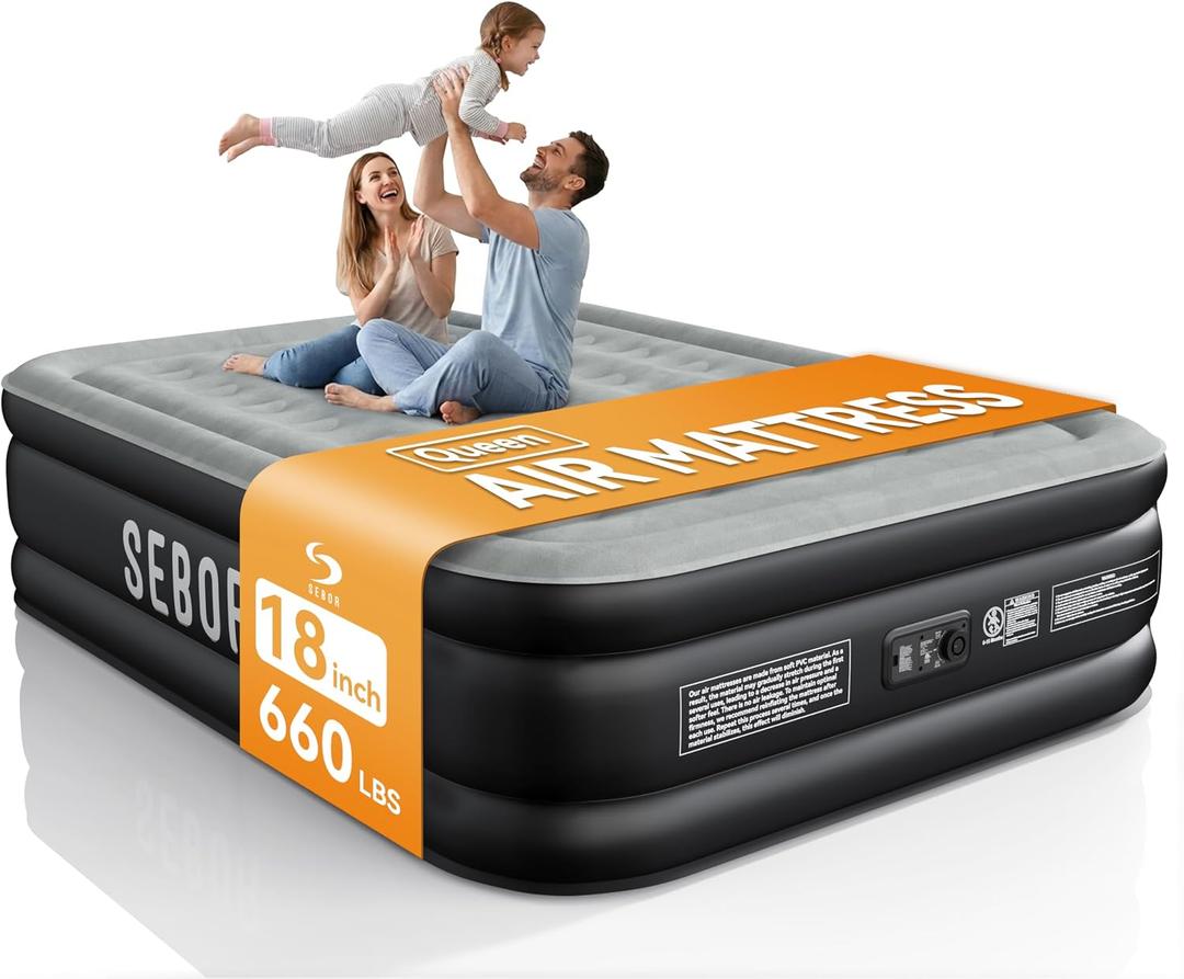 Air Mattress with Built-in Pump 18", Comfortable Self-Inflating Air Mattress with High-Speed Pump, Durable Blow Up Mattress Queen with Storage Bag for Guests (Dark Gray, 18" Queen)