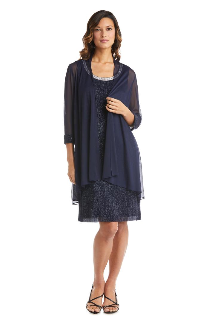 R&M Richards Women's Glitter Chiffon Dress & Flyaway Jacket Set with Jewel Neckline, Evening Wear, Formal Occasions, Party Navy, Size 18