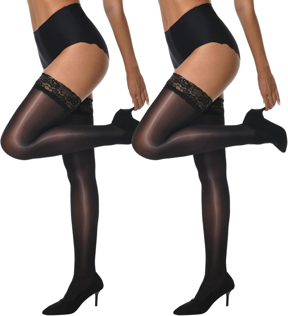 MANZI Sheer Shiny Thigh High Stockings 2 Pairs Silky lingerie Pantyhose for Women with Stay Up Silicone Lace Top (Large-X-Large)