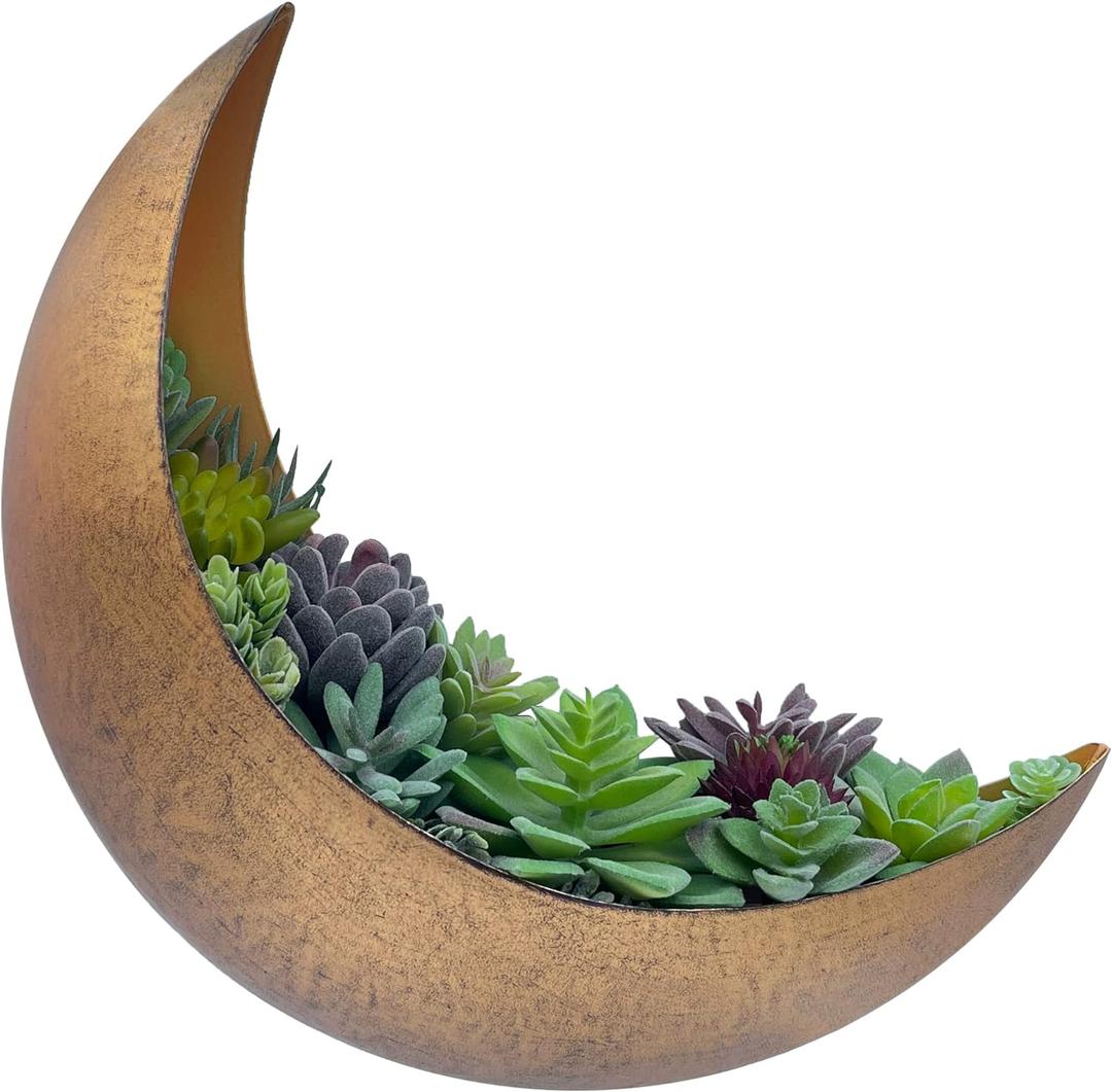 Wall Mounted Metal Moon Planter - Hanging Crescent Pot for Succulents, Air Plant, Cactus - Boho Indoor Outdoor Moon Wall Decor - Witchy Plant Gifts - Rustic Gold