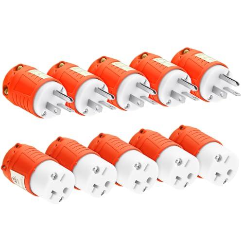 Tellegloww 5 Set 6-20p Replacement Plug and 6-20r Replacement Connector 20 Amp 250 Volt Extension Cord Ends Male and Female 2 Pole 3 Wire Grounding Industrial Grade, Heavy Duty, ETL Listed (Orange)