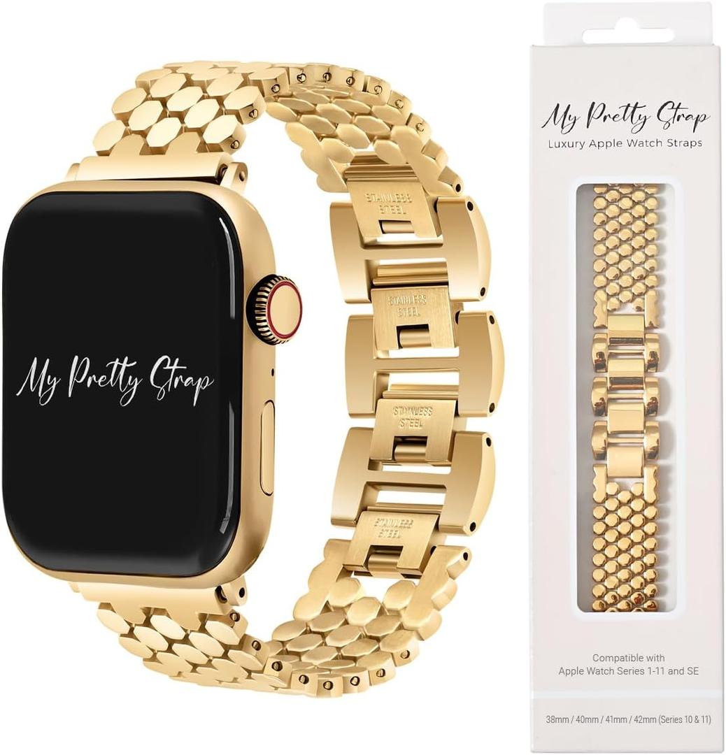My Pretty Strap - Compatible Apple Watch Band Strap, Stainless Steel Fashion iWatch Replacement Strap- Easy Resizing, No Tool Needed, Fits Most Wrists- Series 1-11, SE and Ultra (Honeycomb Gold)