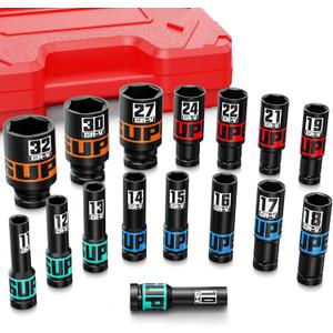 Aurlloct 16Pcs 1/2" Drive Impact Socket Set, 10-32 mm Hex Long Socket Set, Repair Automotive Truck Tractor Engine Maintenance