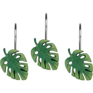 Green Monstera Shower Curtain Hooks, Tropical Leaf Design for Bathroom Decor, Set of 12 Durable Rings, Rust Proof and Heavy Duty Cute Hanger, Jungle Decoration