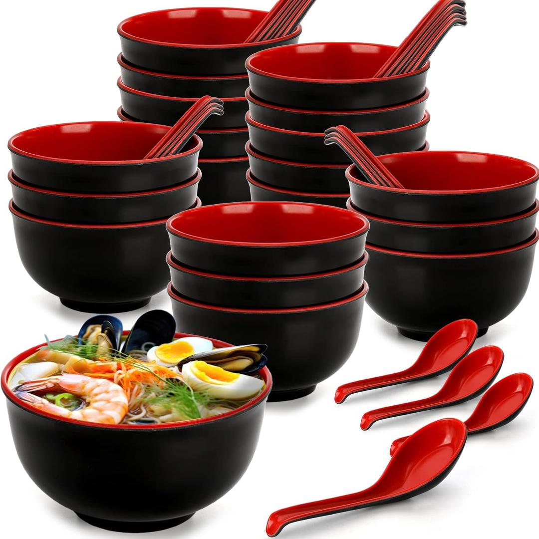 20 Pack Miso Soup Bowls with Spoons, 16 Oz Japanese Melamine Noodle Bowl Unbreakable Miso Soup Cereal Bowls or Ramen, Udon, Soba, Pho (Black/Red) 20 Pack Miso Soup Bowls with Spoons, 16 Oz Japanese Melamine Noodle Bowl Unbreakable Miso Soup Cereal Bowls or Ramen, Udon, Soba, Pho (Black/Red)