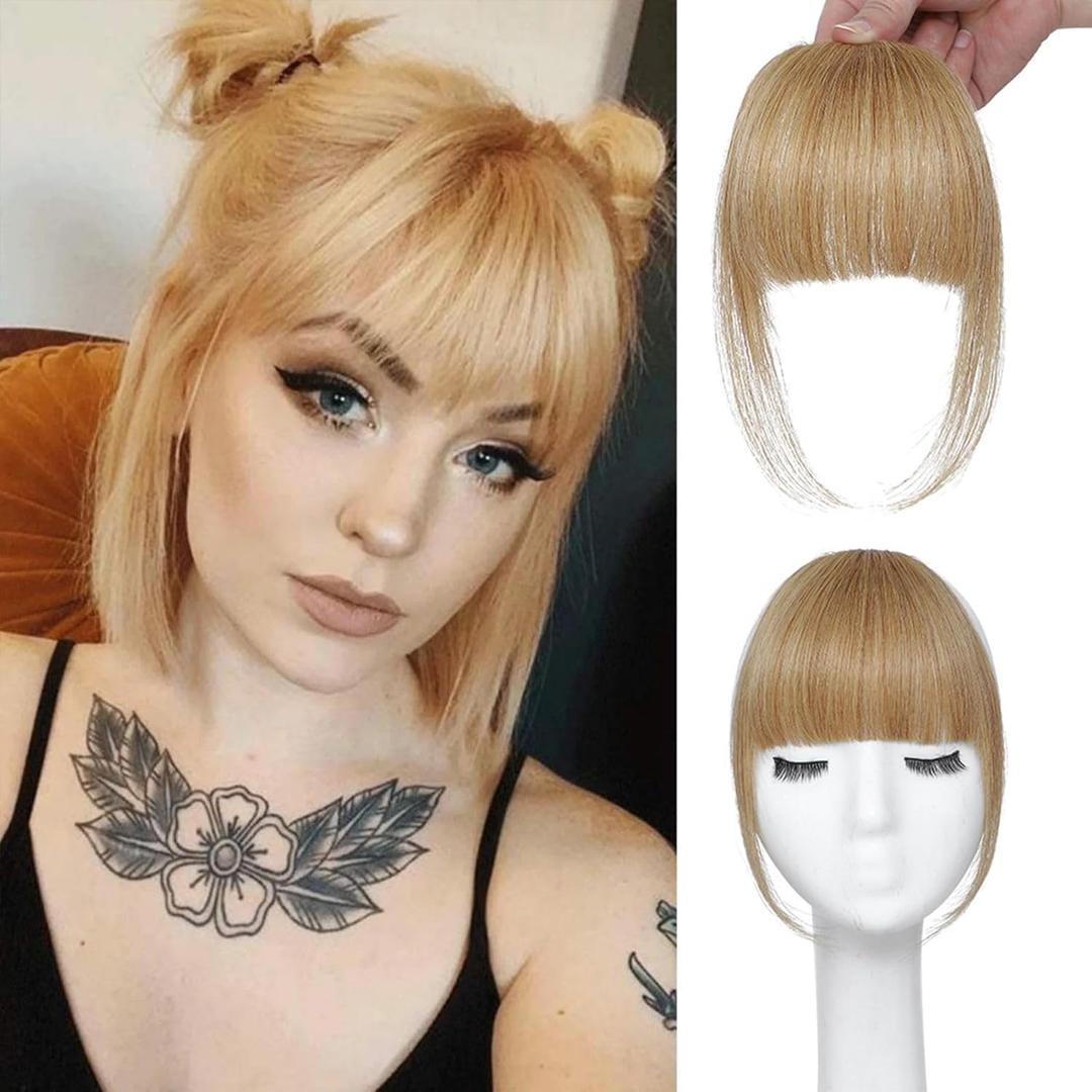 ELEFOCUS Clip in Bangs Real Human Hair Honey Blonde 100% Human Hair French Bangs Fake Bangs Hair Clip on bangs for women Fringe with Temples Hairpieces Curved Bangs for Daily Wear
