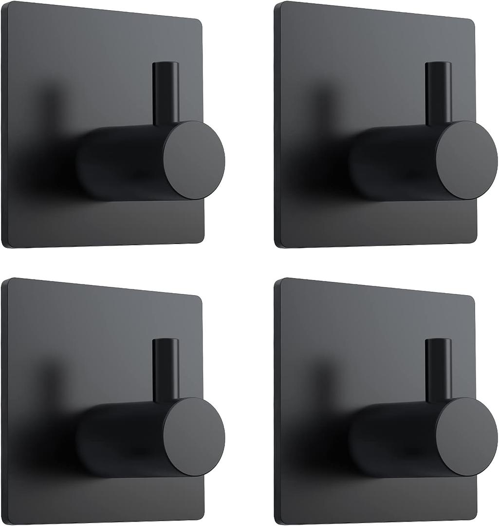 VIS'V Adhesive Towel Hooks, Waterproof Shower Wall Stick on Hooks, 2 Extra Adhesive Strips, Black, 4 Pcs