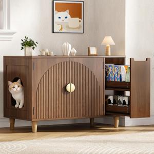 35.4" Fluted Cat Litter Box Enclosure, Wooden Hidden Litter Box Enclosure Furniture with 2 Layer Drawer, Modern Indoor Cat House, Side End Table for Living Room, Entryway, Bedroom, Walnut