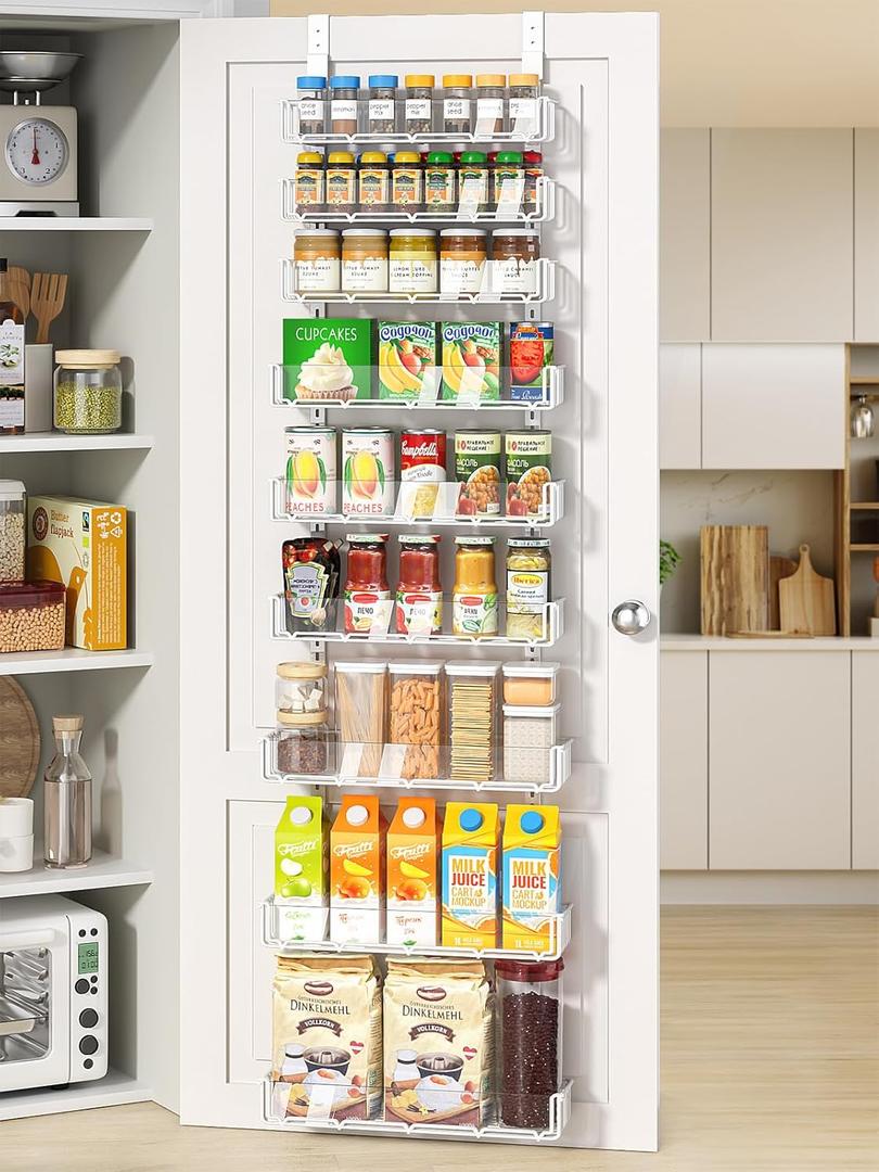 Delamu 9-Tier Over the Door Pantry Organizer with Acrylic Panel, Pantry Organization and Storage, White Hanging Basket Wall Spice Rack Seasoning Shelves, Home Kitchen Bedroom Bathroom House Essentials