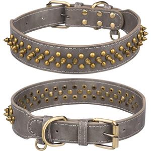 Spiked Studded Dog Collar, Adjustable Soft Leather Puppy Collar for Small Medium Dogs Bulldog Pitbull Mastiff Poodle Boxer (S, Grey)