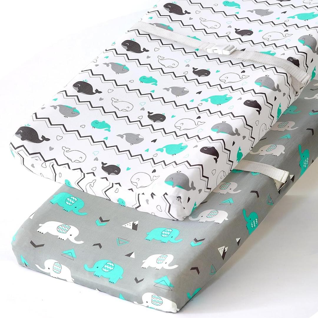 Stretchy Changing Pad Covers for Boys Girls,2 Pack Jersey Knit,Elephant & Whale