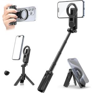 ULANZI Magnetic Phone Tripod, JJ03 Portable Selfie Stick Tripod for Magsafe with Remote, Mini Phone Stand Handle Grip for iPhone 17/16/15/Android, 360 Rotation Pocket Size for Travel Vlog Live
