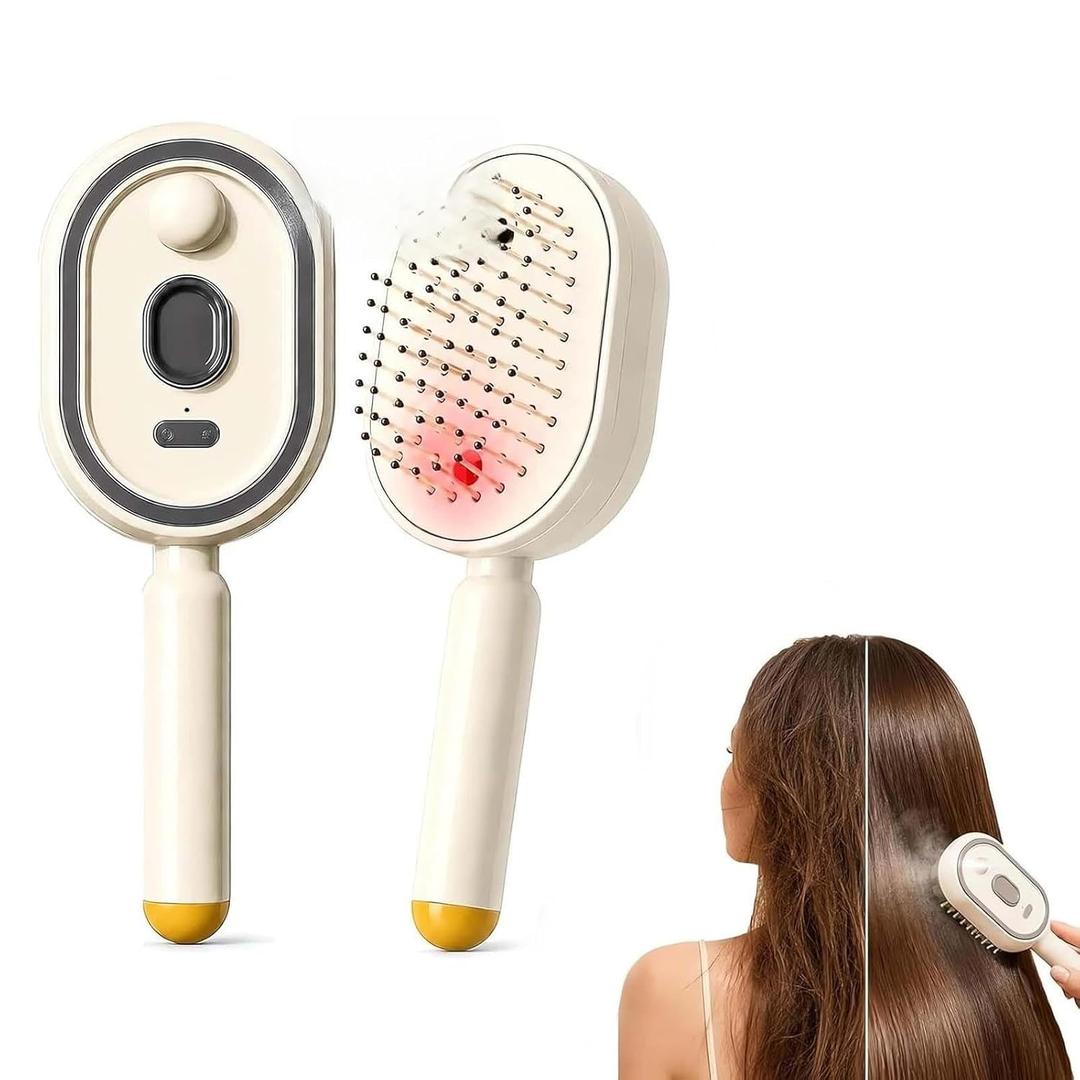 2027 Upgrade 5‑in‑1 Electric Mist Air Cushion Massage Brush, Anti‑Tangle Self‑Cleaning Hair Comb for Dry Frizzy Hair, USB‑C Recharge, Christmas Stocking Stuffers Beauty Gifts for Women (Beige)