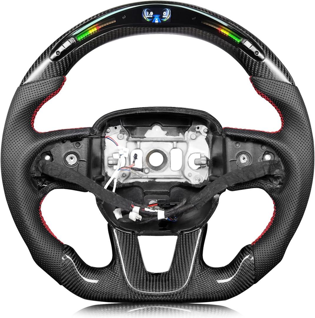LED Steering Wheel for Dodge Challenger 2015-2024 Perforated Leather with 32 LED Shift Indicator Steering Wheel D-shaped Flat-bottom(SXT/GT/RT/SRT) With Heating