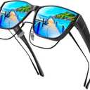 URUMQI Polarized Sunglasses Fit Over Glasses for Men Women, Oversized Square Sun Glasses UV400 Protection Shades (23 Matte Black Frame/Blue Mirrored Lens)