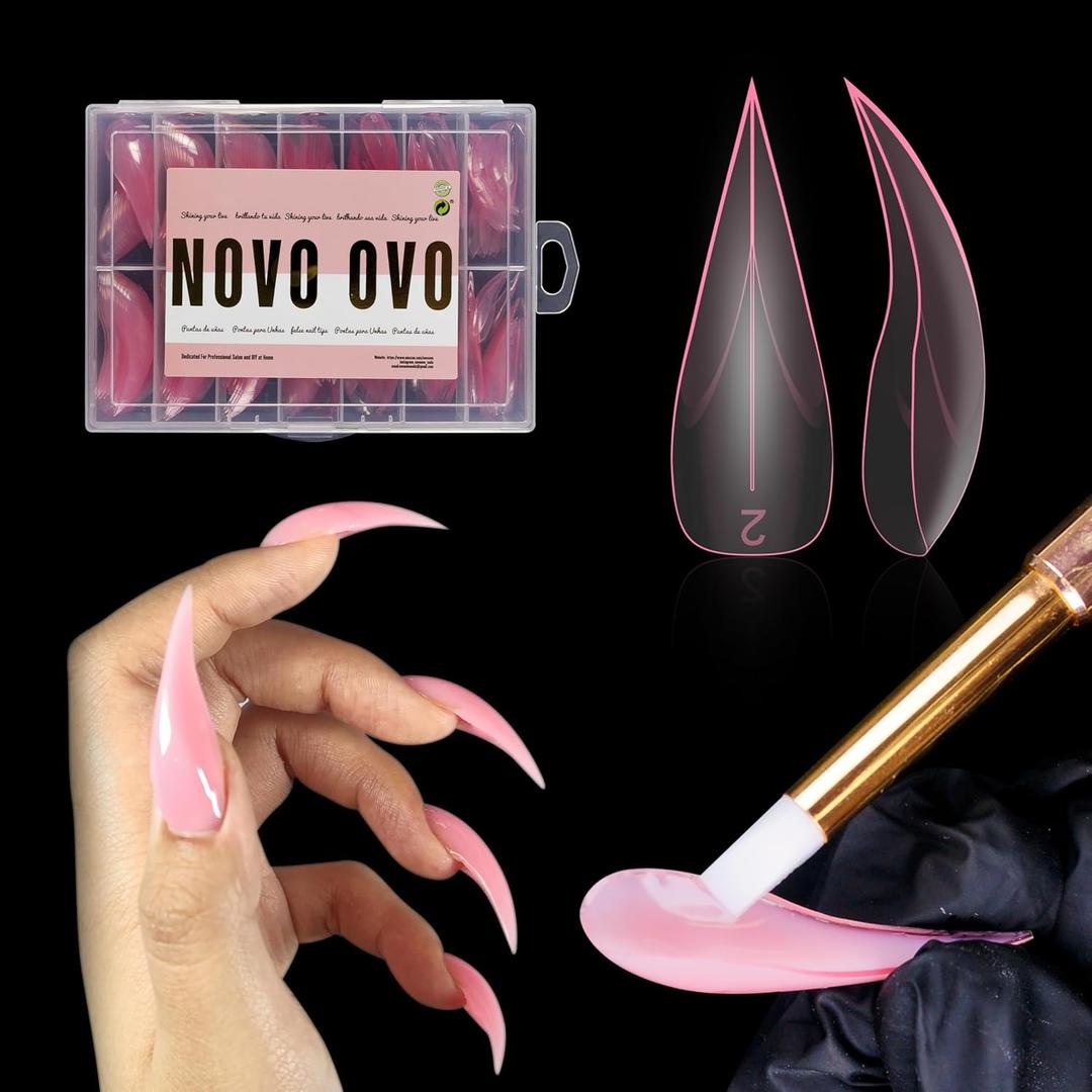 Curved Stiletto 3D PINK Nail Dual Forms for Poly Gel Extension of Eagle Claw, XL XXL Hawk Curve Sculptural Acrylic Nails, Reusable Molds Halloween Nail Art Design 280 Pcs 14 sizes