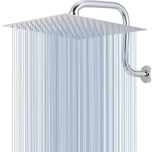 Voolan Rain Shower Head with Goose Neck Curve Arm, All Metal Waterfall Rainfall Showerhead, High Flow Bathroom Square Large Shower Head (12 Shower Head with 13 Shower Arm, Chrome)