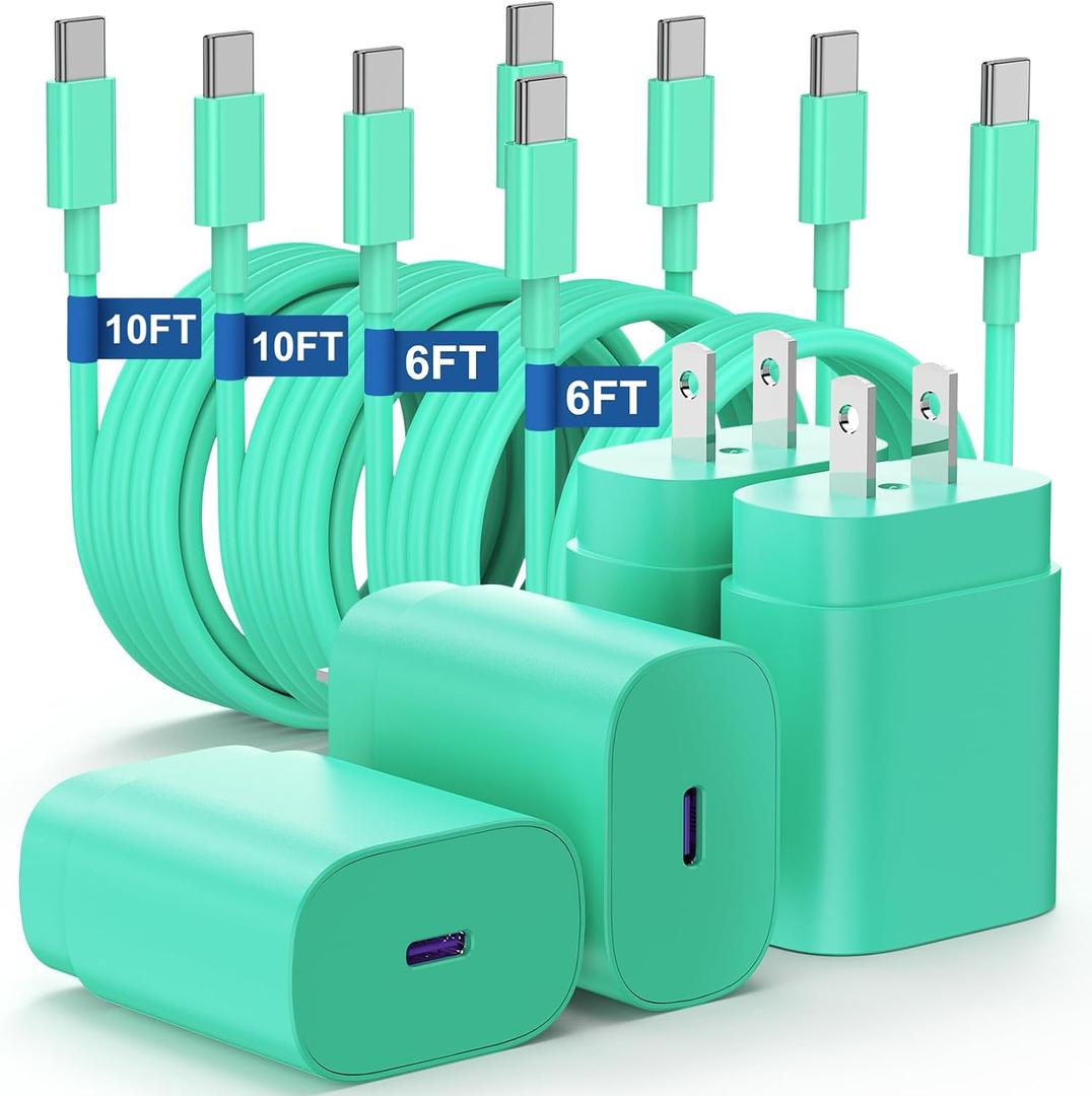 Essri Type C Charger Fast Charging for Samsung Galaxy S25/S24/S23/S22/Note 20,4Pack 25W Super USB C Fast Charger Block with (6ft+10ft) x2 Cables for iPhone 15/16 Pro Max/Plus, Android Phones - Green (4Pack 6Feet+10Feet)
