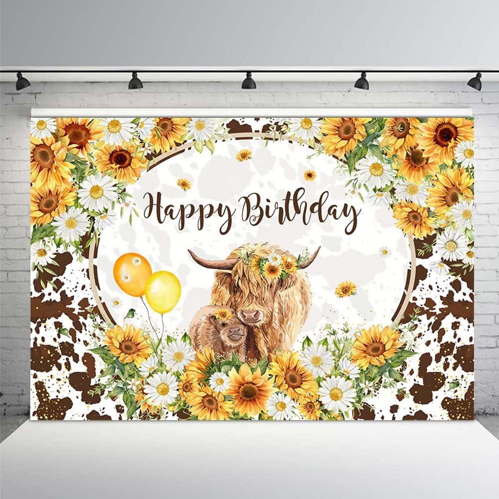MEHOFOND 7x5ft Highland Cows Floral Birthday Backdrop Brown Cattles Happy Birthday Party Decorations Sunflowers Farm Cow Photography Background for Girls Cake Table Banner Supplies