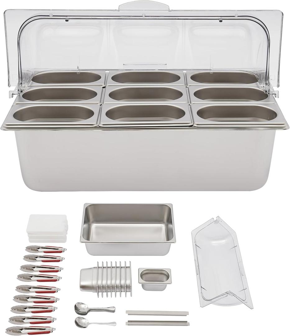 Countertop Food Serving Display Container Stainless Steel Condiment Dispenser Fruit Salad Display Rack W/Lid 9 Clamps 9 Spoons 3 Ice Boxes for Buffet Restaurant Hotel (9 Compartments)