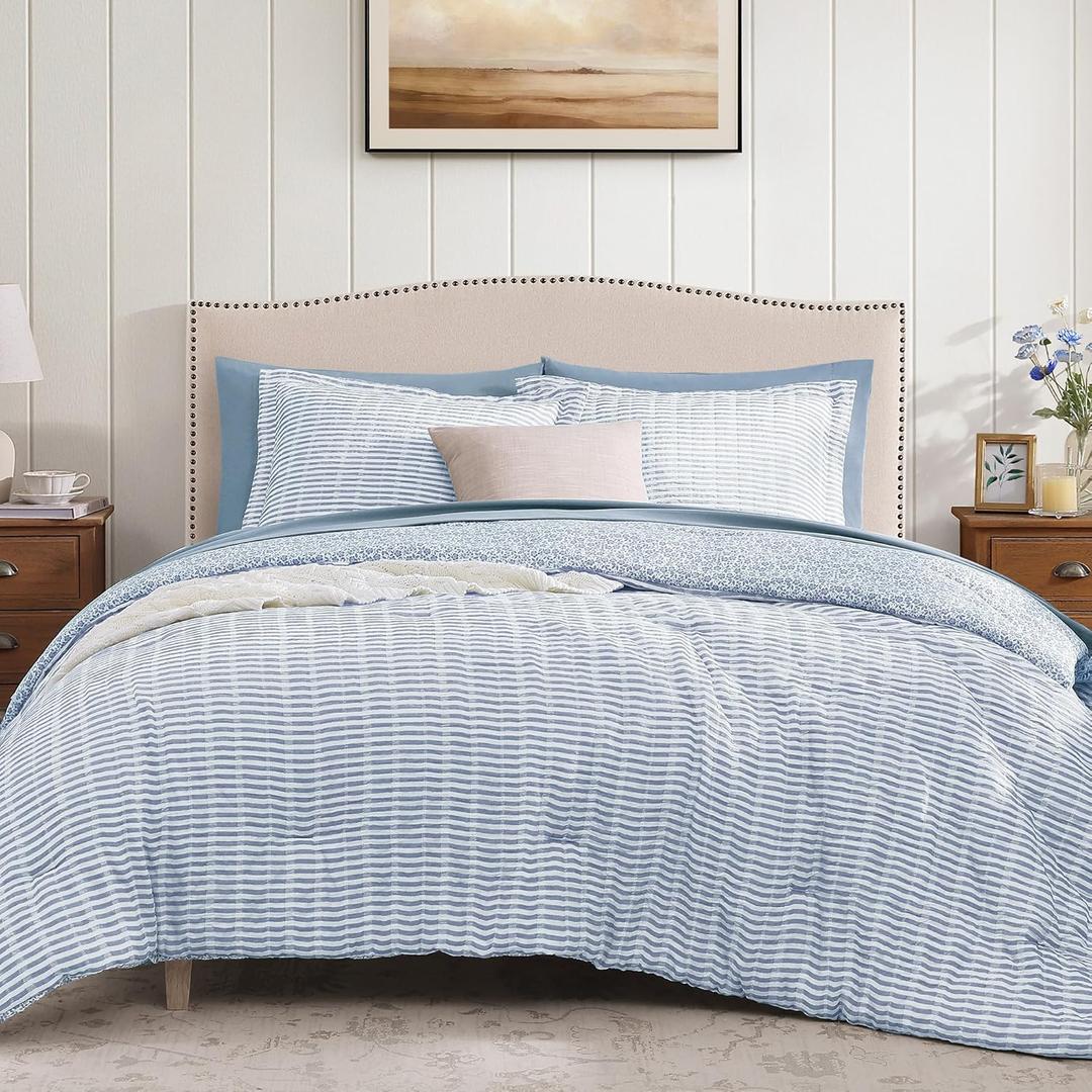 King Comforter Set - 7 Pieces Blue Gauze Muslin Bedding Sets for All Seasons, Lightweight Breathable Bed in a Bag King with Revesible Farmhouse Comforter, Sheets, Pillowcases & Shams