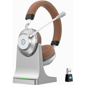 Wireless Headset with Mic for Work, Bluetooth Headset with Noise Cancelling Mic for Clear Calls, Bluetooth V5.3 Headphones with Mic Mute & USB Dongle, Charging Base for PC/Laptop/Phones/Call Center