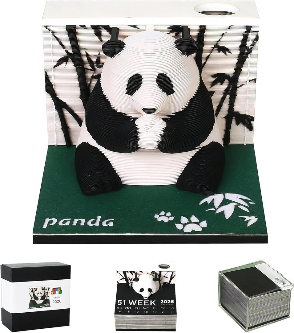 MACTANO 3D Art Calendar Memo Pad 2026, Creative Time piece Calendar Panda Rip Away Paper Carving Sticky DIY Note