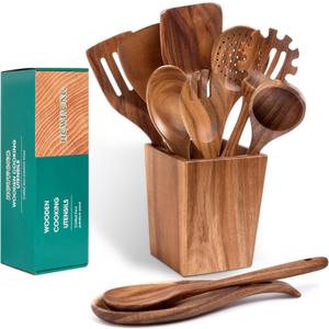 Wooden Spoons for Cooking, Acacia Wood Cooking Utensils Set  11 Piece Wooden Kitchen Tools with Holder, Spoon Rest, Nonstick Cookware Safe by HOWHONG