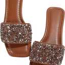 GORGLITTER Women's Sparkly Jeweled Flat Sandals Dressy Open Toe Glitter Shiny Slippers Slip-on Shoes (9.5, Brown)