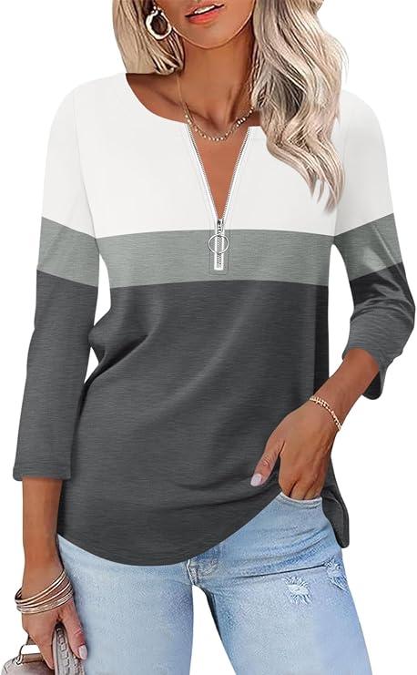 TICTICMISS Womens 3/4 Sleeve Tops Zipper Color Block Tunic Tops Casual Summer Shirts Trendy Tops, L