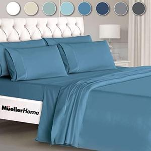 Mueller Ultratemp King Size Sheets Set, Super Soft 1800, 6 Piece, Deep Pocket up to 16" Cooling Sheets King Size, Transfers Heat, Breathes Better, Hypoallergenic, Wrinkle, Denim