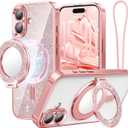 Meifigno Designed for iPhone 17 Case with Ring Stand (6.3"), [Built-in Mirror] [Compatible with MagSafe] [Glitter Card & Wrist Strap] Removable Phone Stand +Designed for iPhone 17 Case, Rose Gold