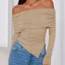 PRETTYGARDEN Women's Off The Shoulder Tops Spring Fashion 2026 Long Sleeve Shirts Going Out Slim Fitted Blouses Fall Clothes (Beige, XS)