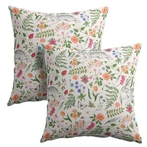 Easter Bunny Throw Pillow Covers 16X16 Inches Set of 2 Colorful Flowers Sage Green Leaves Vintage Botanical Plants Pillowcase Soft Cotton Linen Square Spring Cushion Covers for Home Sofa Patio Bedroom