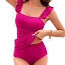 Kate Kasin 2025 Two Piece Tankini Swimsuits for Women High Waisted Tummy Control Floral Swimwear Ruched Padded Bathing Suits (Large, Rose Red)
