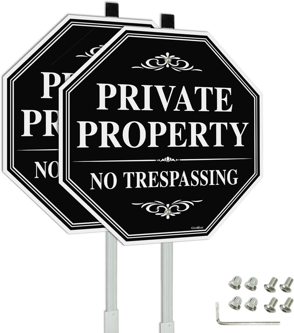 GicnKeuz Large No Trespassing Signs Private Property Sign with 36" Metal Stakes, 12"x12" Heavy Duty Aluminum Signs,Fade Resistant/Waterproof, Including Screws, Easy to Install, Outdoor Use (2-Pack)