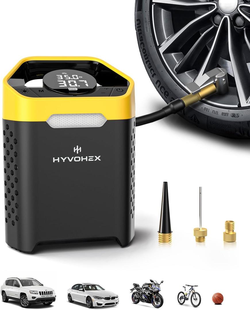 Heavy-Duty 160 PSI Tire Inflator Portable Air Compressor, 1 Min Fast Inflation Cordless Portable Air Pump with Digital Pressure Gauge & LED Light, Electric Tire Pump for Car, SUV, Bike, Ball (Yellow)