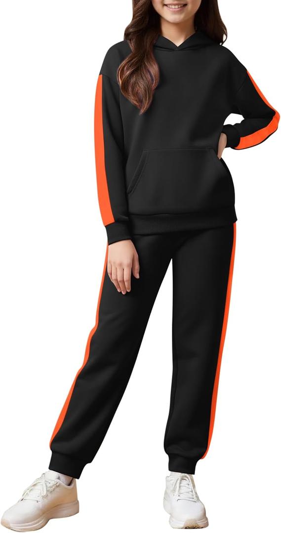 Fuermos Kids Girls Clothes 2 Piece Outfits Colorblock Casual Hoodies Long Sleeve Fashion Sweatshirts and Sweatpants (Black)