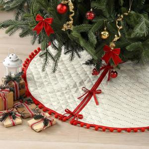 Sumind 36 Inch Christmas Tree Skirt Red and White Stripes Xmas Tree Skirt Reusable Quilted Indoor Ornaments for Winter Home Decorations Holiday Party Supplies