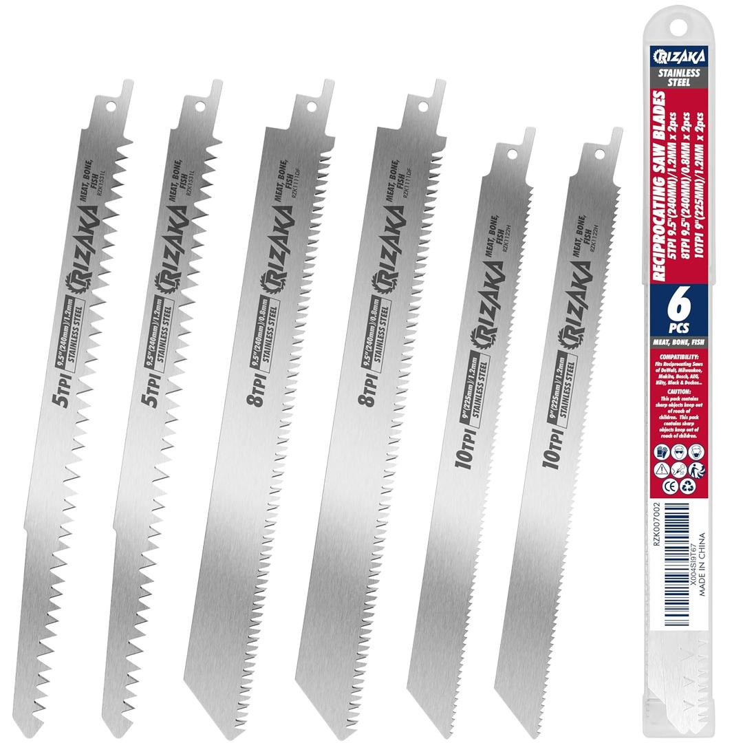 6 Pack Reciprocating Saw Blades for Frozen Meat Bone Fish - 5TPI 9.5"(240mm)/1.2mm x 2 pcs, 8TPI 9.5"(240mm)/0.8mm x 2pcs, 10TPI 9"(225mm)/1.2mm x 2pcs - Stainless Steel Sawzal Blades + Storage Box