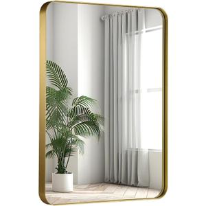 24x36 Inch Gold Bathroom Mirror, Brushed Metal Framed Rectangle Mirror with Rounded Corner, Gold Bathroom Vanity Mirror for Bedroom or Living Room, Horizontal/Vertical