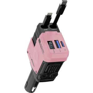 Retractable Car Charger, 4 in 1 Retractable Phone Charger with 66W Fast Charging, 2 Retractable Cables and 2 USB-C USB-A Port Compatible with iPhone 17/16/15/14/13/12/11,Samsung, Galaxy,Pixel (Pink)